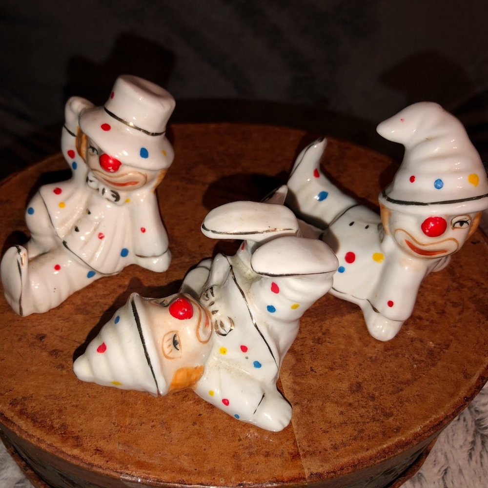 3 pc Vintage Porcelain Playful Clown Figurines 2 1/2" H